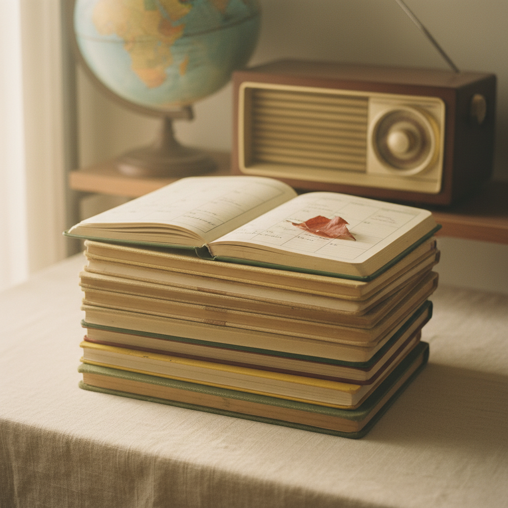 A neatly stacked pile of dated, slightly yellowed weekly planners and notebooks on a linen-covered table, their spines aligned in quiet order. A single open planner on top shows a week grid with softly blurred writing and a tiny, pressed autumn leaf marking one day. In the background, a globe and a vintage transistor radio sit out of focus, hinting at world events and changing seasons. Warm, diffused morning light streams through unseen curtains, creating a nostalgic analog-film softness. Captured from a gently elevated angle, the mood is thoughtful and organized, suggesting faithful, week-by-week reflection and growth.