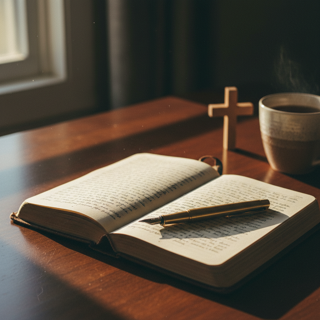 An open, slightly worn leather-bound journal resting on a dark wooden desk, its cream pages filled with faint, handwritten lines blurred just enough to be unreadable. A simple brass fountain pen lies diagonally across the page, catching a soft highlight. In the background, out of focus, sits a small cross-shaped wooden ornament and a ceramic mug of tea. Late-afternoon window light pours in from the left, creating long, contemplative shadows and a gentle analog-film grain across the scene. Shot at eye level with a shallow depth of field, the composition feels intimate and reflective, evoking weekly life reflections and lessons under God’s quiet, steady grace.